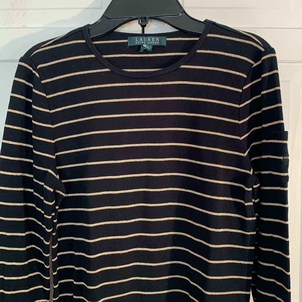 Lauren Ralph Lauren Black & Gold Striped Crew Neck Lightweight Sweater EUC